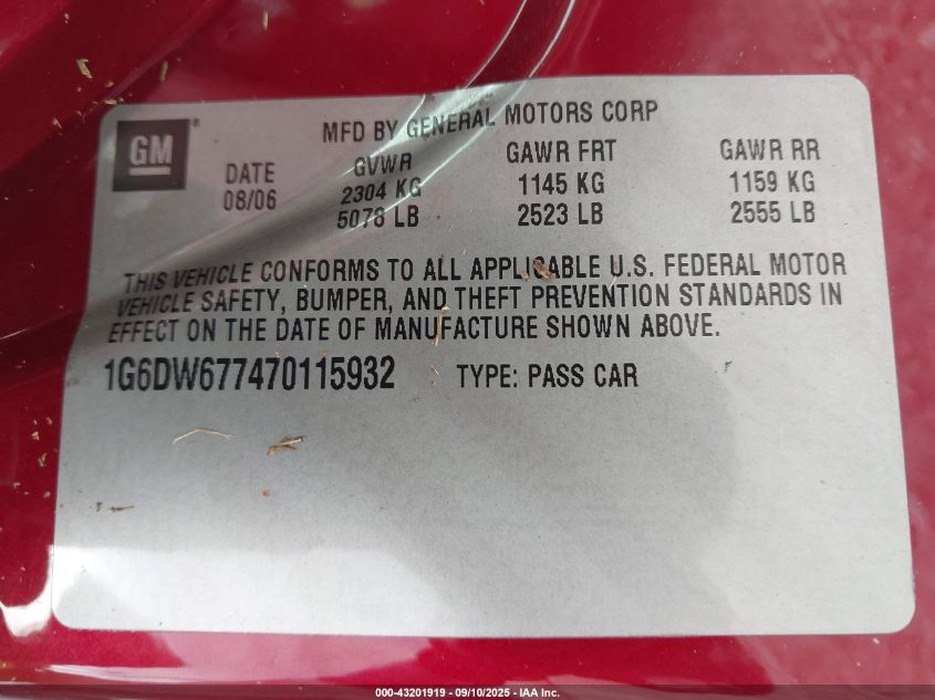 2007 Cadillac Sts V6 VIN: 1G6DW677470115932 Lot: 43201919