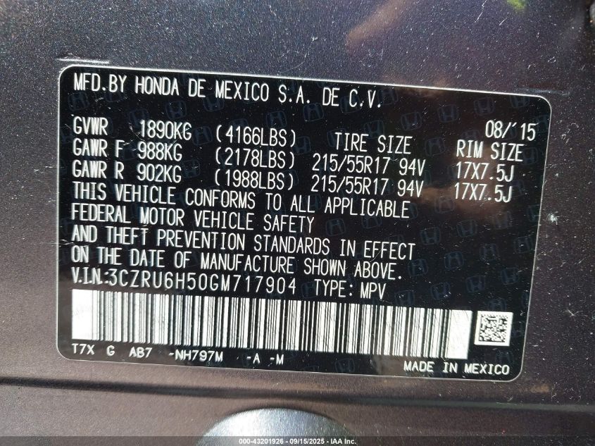 2016 Honda Hr-V Ex VIN: 3CZRU6H50GM717904 Lot: 43201926