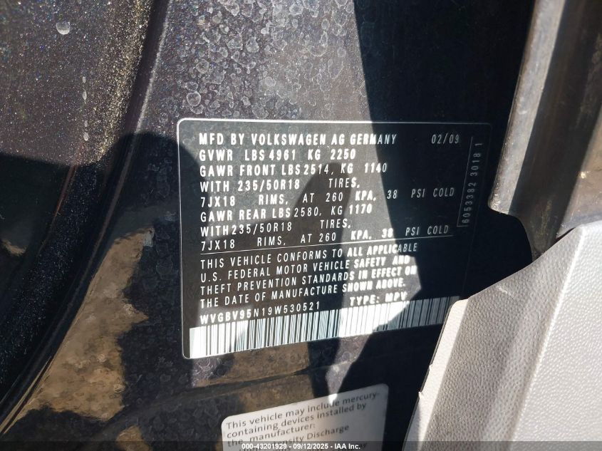 2009 Volkswagen Tiguan Sel VIN: WVGBV95N19W530521 Lot: 43201929