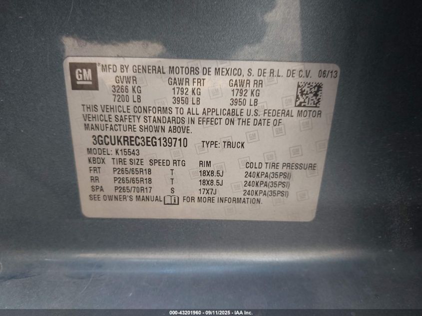 2014 Chevrolet Silverado 1500 1Lt VIN: 3GCUKREC3EG139710 Lot: 43201960