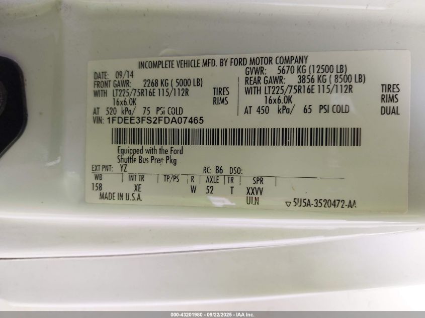 2015 Ford E-350 Cutaway VIN: 1FDEE3FS2FDA07465 Lot: 43201980