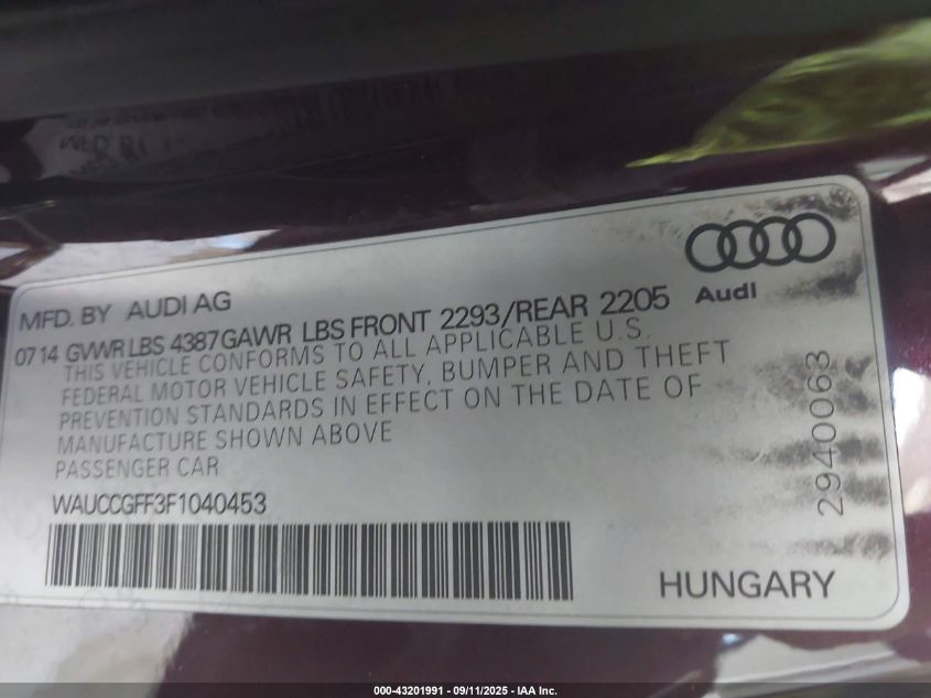 2015 Audi A3 1.8T Premium VIN: WAUCCGFF3F1040453 Lot: 43201991