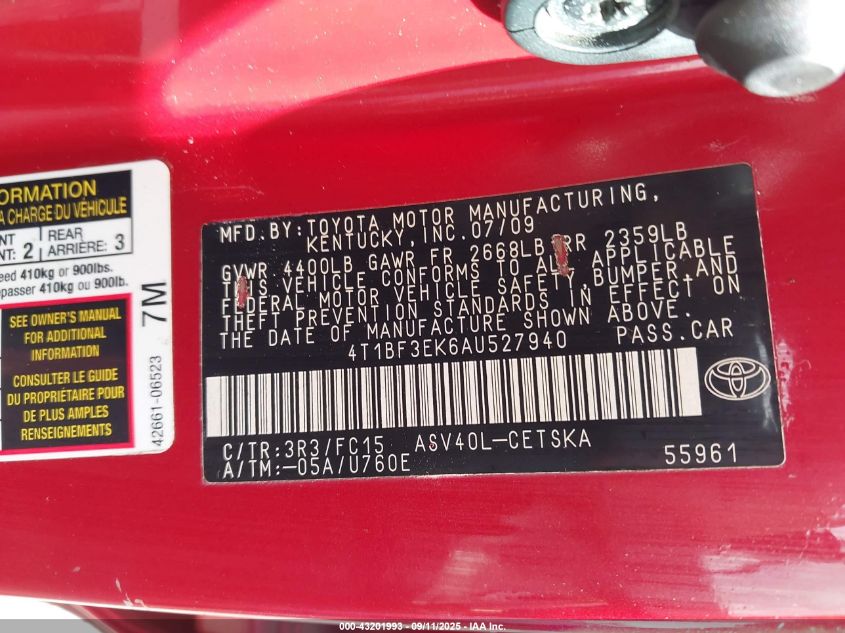 2010 Toyota Camry Se VIN: 4T1BF3EK6AU527940 Lot: 43201993