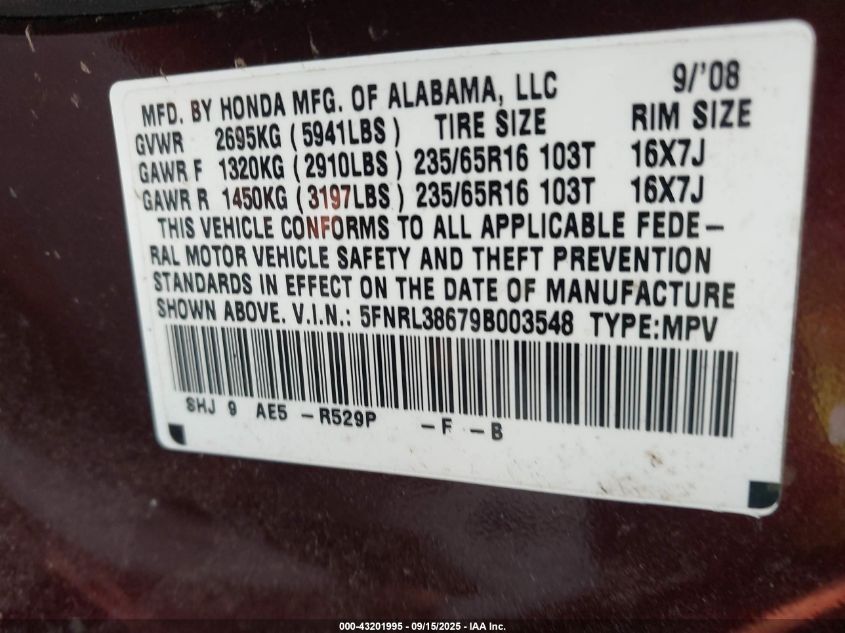 2009 Honda Odyssey Ex-L VIN: 5FNRL38679B003548 Lot: 43201995