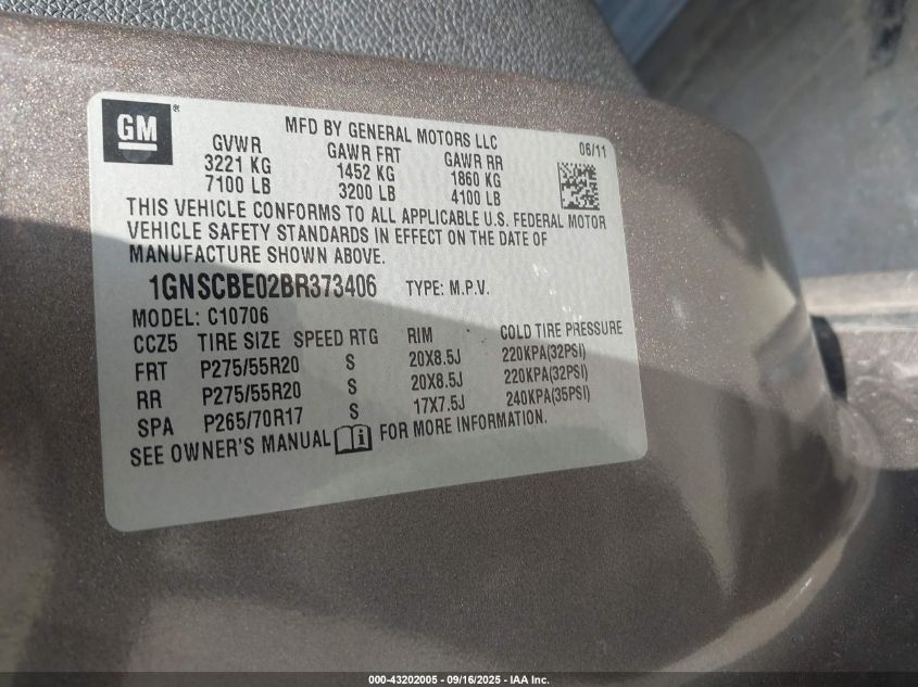 2011 Chevrolet Tahoe Lt VIN: 1GNSCBE02BR373406 Lot: 43202005