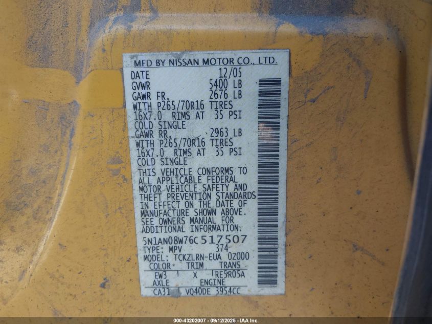 2006 Nissan Xterra S VIN: 5N1AN08W76C517507 Lot: 43202007