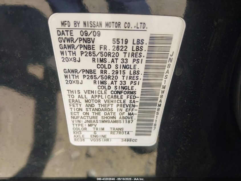 2010 Infiniti Fx35 VIN: JN8AS1MW8AM851187 Lot: 43202046