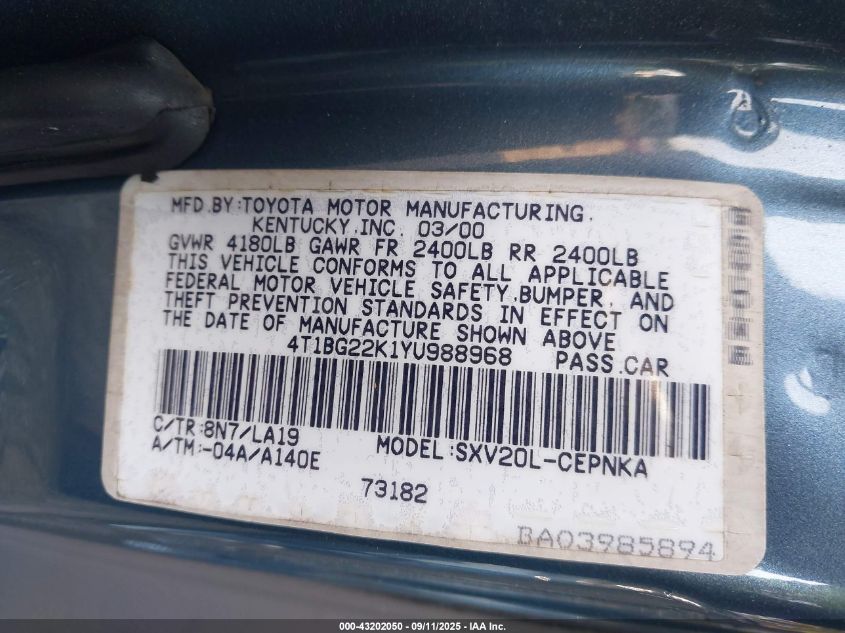 2000 Toyota Camry Le VIN: 4T1BG22K1YU988968 Lot: 43202050