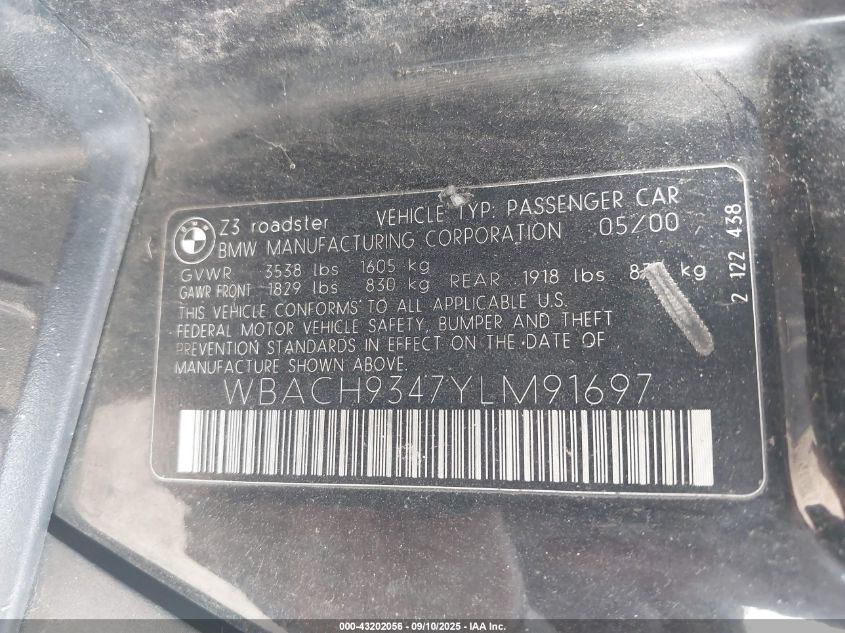 2000 BMW Z3 2.3 VIN: WBACH9347YLM91697 Lot: 43202056