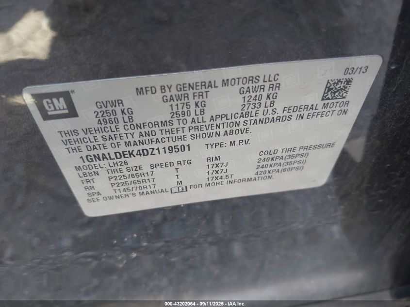 2013 Chevrolet Equinox 1Lt VIN: 1GNALDEK4DZ119501 Lot: 43202064