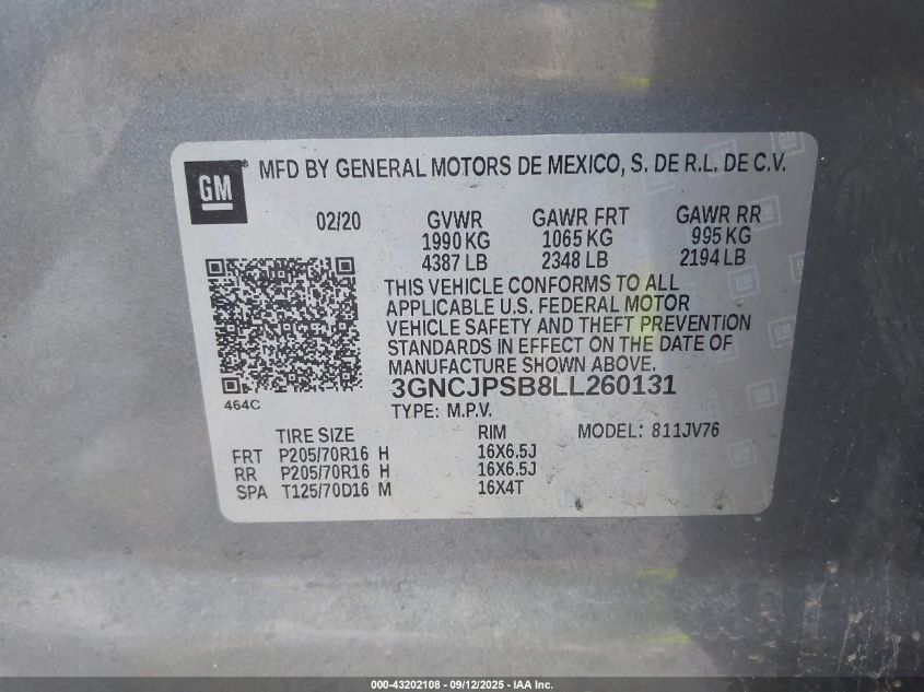 2020 Chevrolet Trax Awd Lt VIN: 3GNCJPSB8LL260131 Lot: 43202108