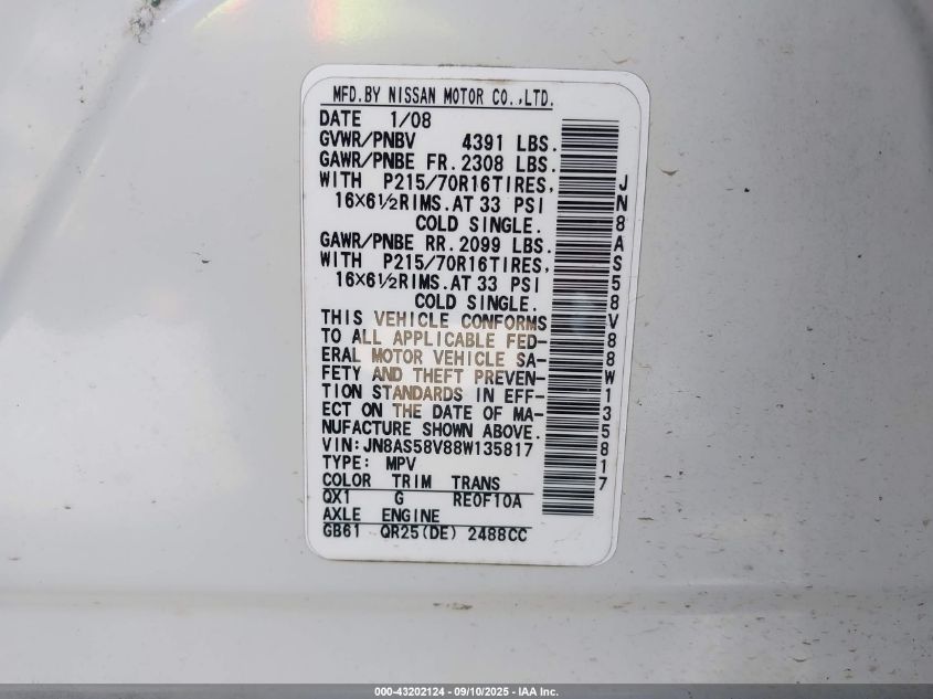 2008 Nissan Rogue S VIN: JN8AS58V88W135817 Lot: 43202124