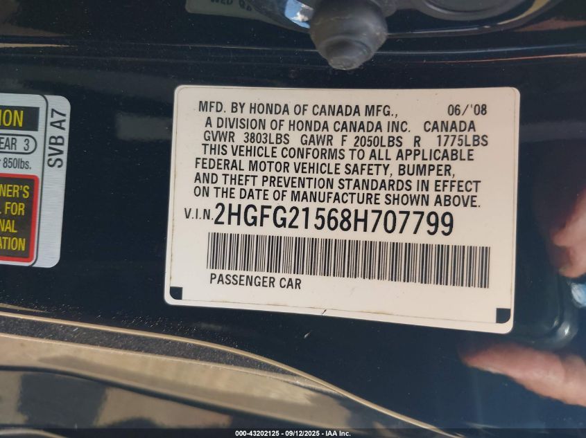 2008 Honda Civic Si VIN: 2HGFG21568H707799 Lot: 43202125