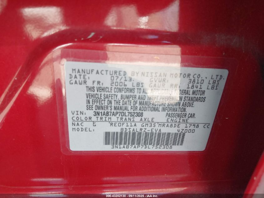 2013 Nissan Sentra Sr VIN: 3N1AB7AP7DL752308 Lot: 43202130