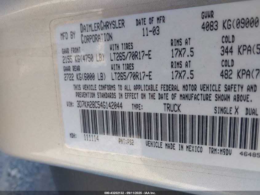 2004 Dodge Ram 2500 Slt/Laramie VIN: 3D7KA28C54G142044 Lot: 43202132