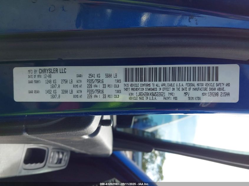 2009 Jeep Liberty Sport VIN: 1J8GN28K49W522621 Lot: 43202163