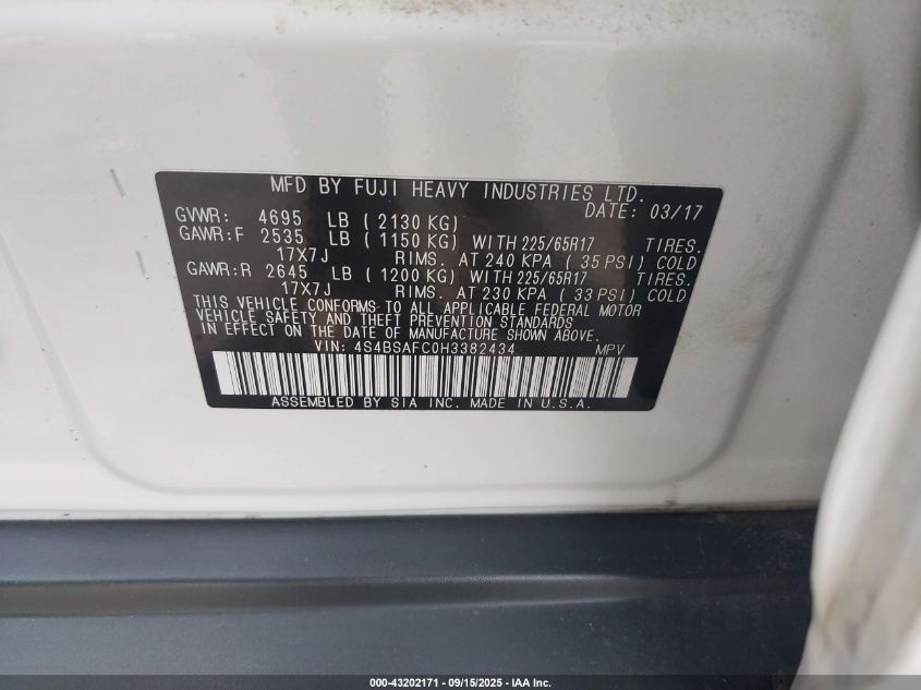 2017 Subaru Outback 2.5I Premium VIN: 4S4BSAFC0H3382434 Lot: 43202171