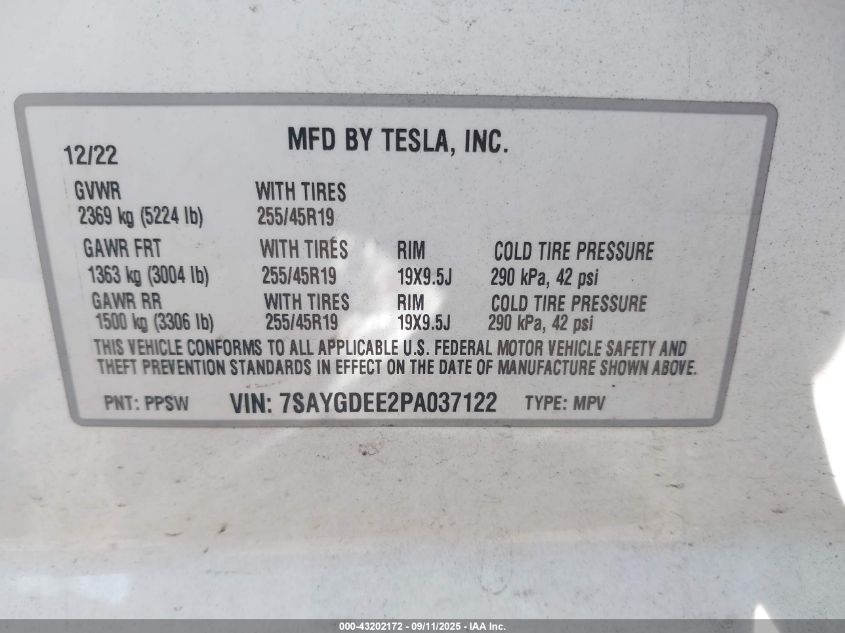 2023 Tesla Model Y Awd/Long Range Dual Motor All-Wheel Drive VIN: 7SAYGDEE2PA037122 Lot: 43202172