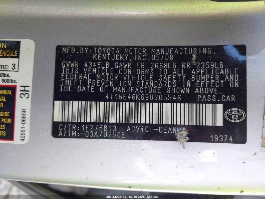 2009 Toyota Camry Le VIN: 4T1BE46K69U305546 Lot: 43202175