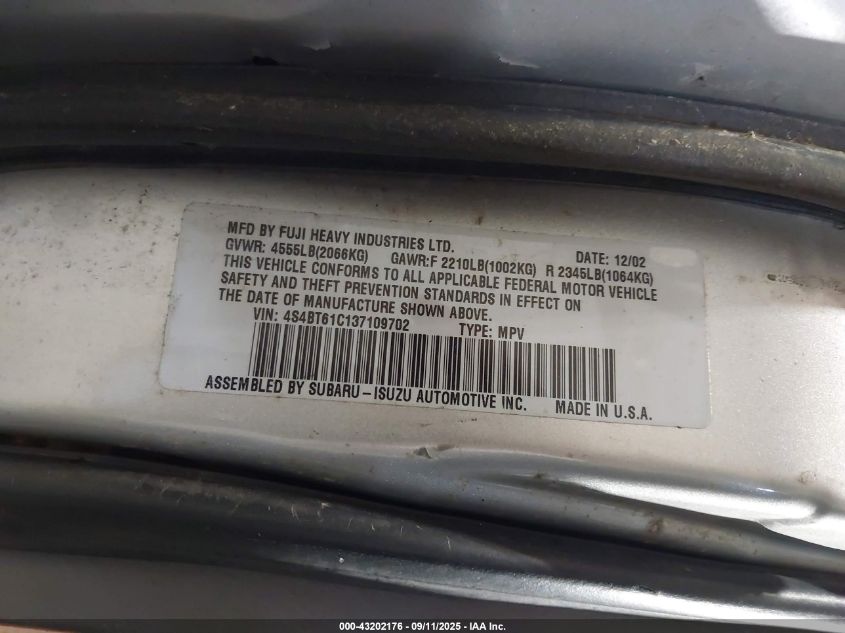 2003 Subaru Baja VIN: 4S4BT61C137109702 Lot: 43202176