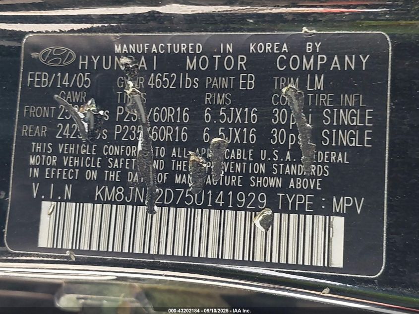 2005 Hyundai Tucson Gls/Lx VIN: KM8JN12D75U141929 Lot: 43202184