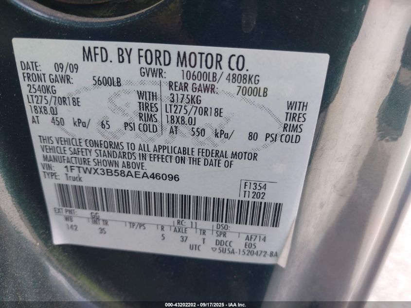 2010 Ford F-350 Lariat/Xl/Xlt VIN: 1FTWX3B58AEA46096 Lot: 43202202