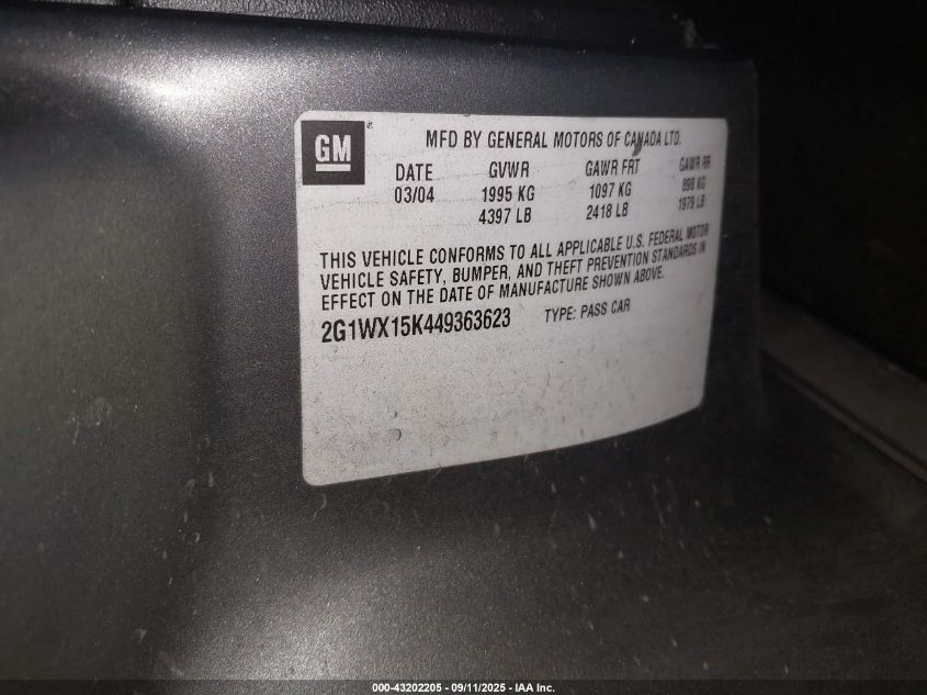 2004 Chevrolet Monte Carlo Ss VIN: 2G1WX15K449363623 Lot: 43202205