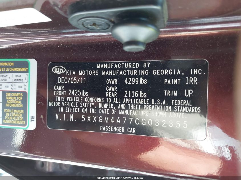 2012 Kia Optima Lx VIN: 5XXGM4A77CG032355 Lot: 43202213