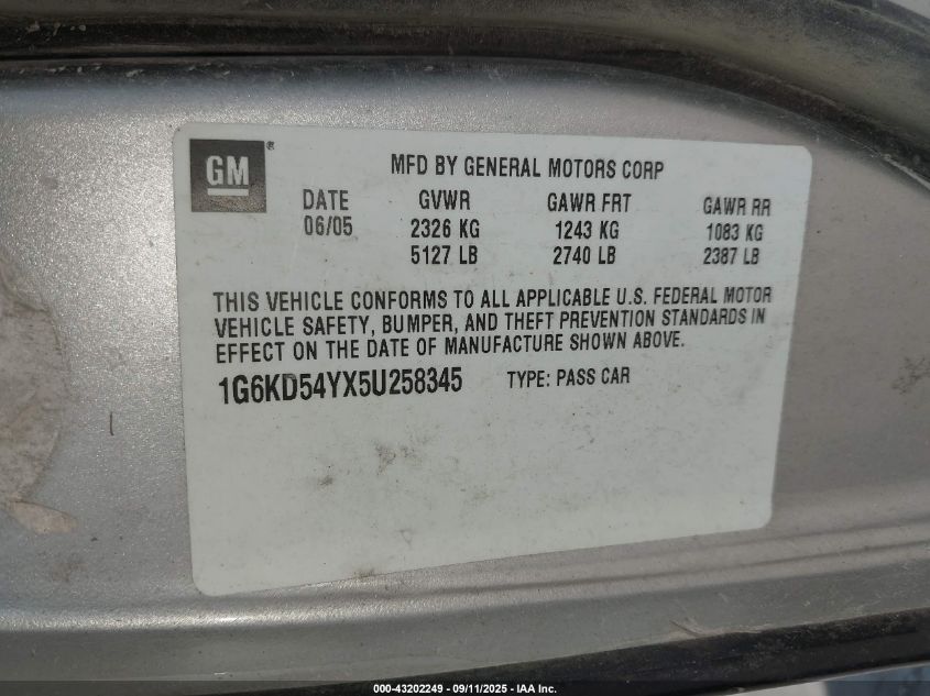 2005 Cadillac Deville Livery VIN: 1G6KD54YX5U258345 Lot: 43202249