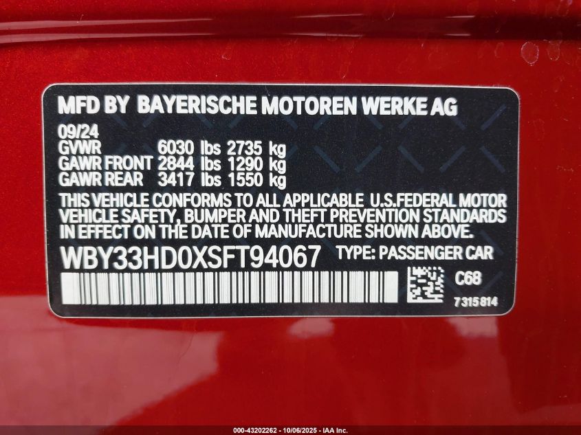 2025 BMW I4 M50 VIN: WBY33HD0XSFT94067 Lot: 43202262