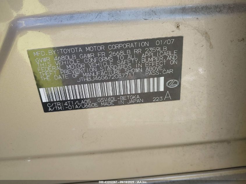 2007 Lexus Es 350 VIN: JTHBJ46G672087711 Lot: 43202267