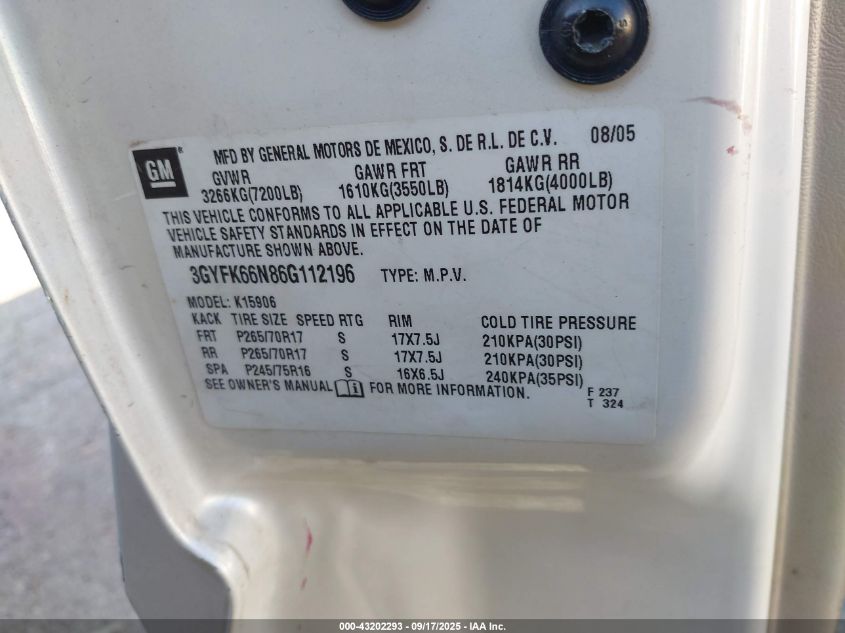 2006 Cadillac Escalade Esv Standard VIN: 3GYFK66N86G112196 Lot: 43202293