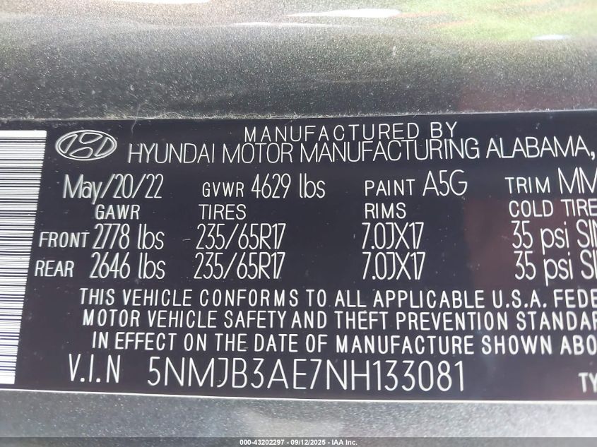 2022 Hyundai Tucson Sel VIN: 5NMJB3AE7NH133081 Lot: 43202297