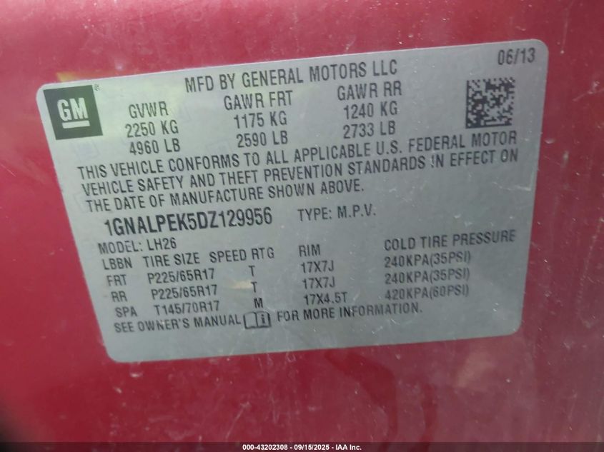 2013 Chevrolet Equinox 2Lt VIN: 1GNALPEK5DZ129956 Lot: 43202308