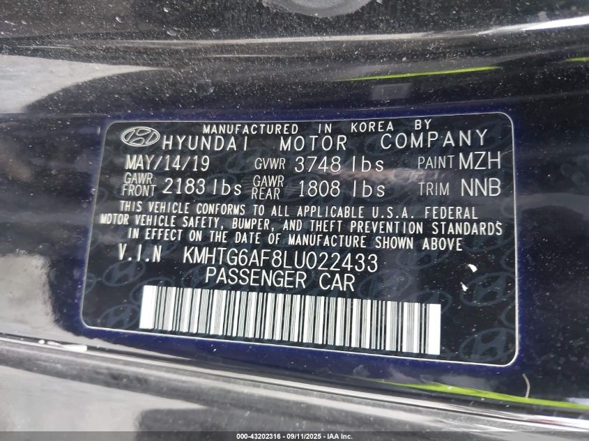 2020 Hyundai Veloster 2.0 VIN: KMHTG6AF8LU022433 Lot: 43202316