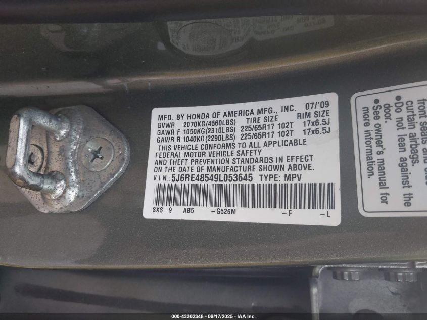 2009 Honda Cr-V Ex VIN: 5J6RE48549L053645 Lot: 43202348