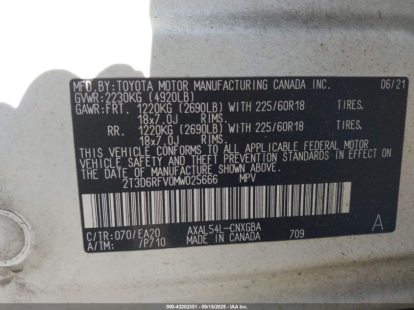 2021 Toyota Rav4 Hybrid Limited VIN: 2T3D6RFV0MW025666 Lot: 43202351