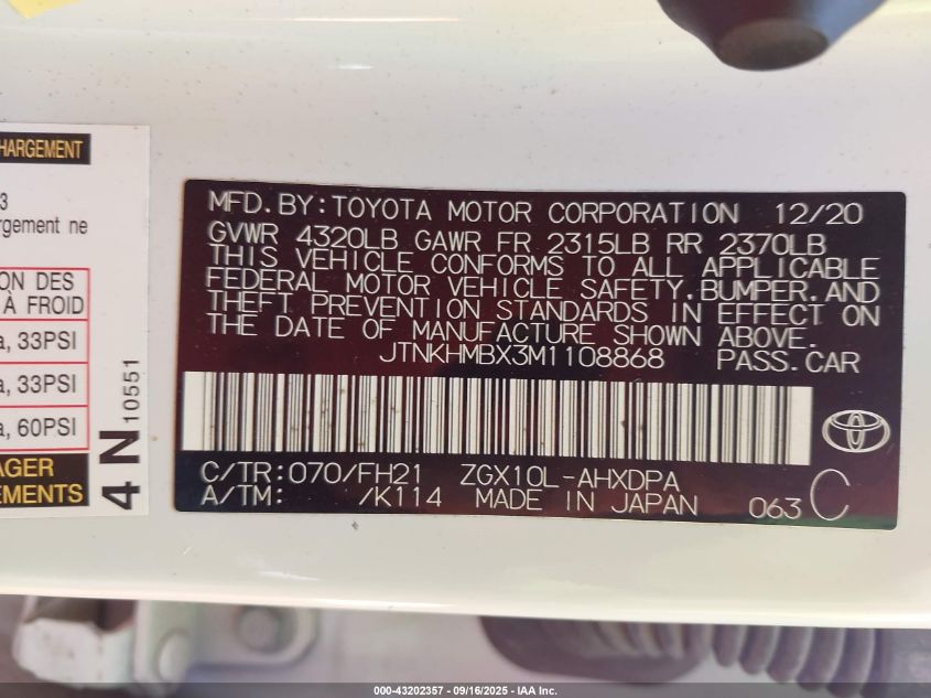 2021 Toyota C-Hr Le VIN: JTNKHMBX3M1108868 Lot: 43202357