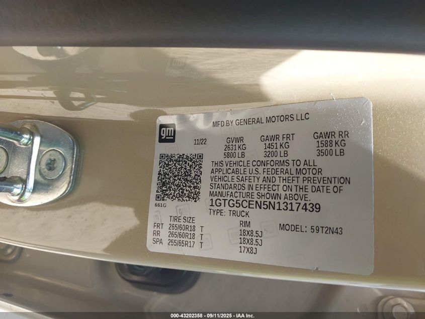2022 GMC Canyon 2Wd Short Box Elevation VIN: 1GTG5CEN5N1317439 Lot: 43202358