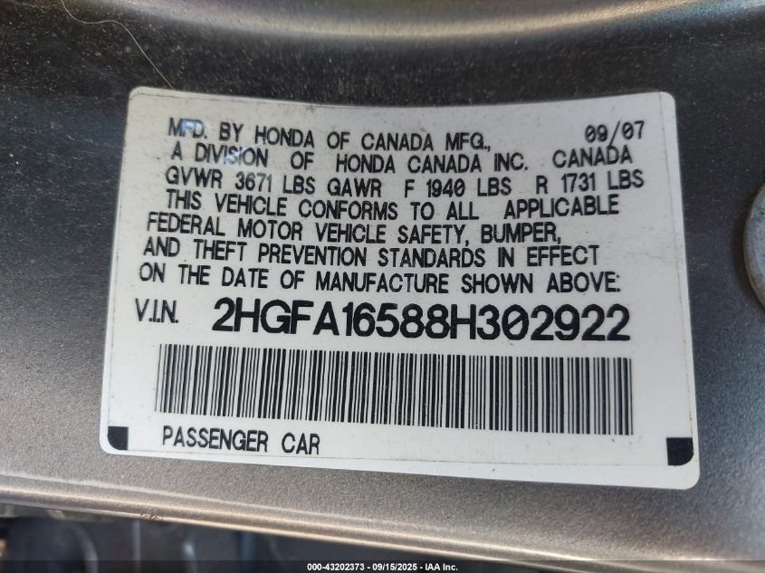 2008 Honda Civic Lx VIN: 2HGFA16588H302922 Lot: 43202373