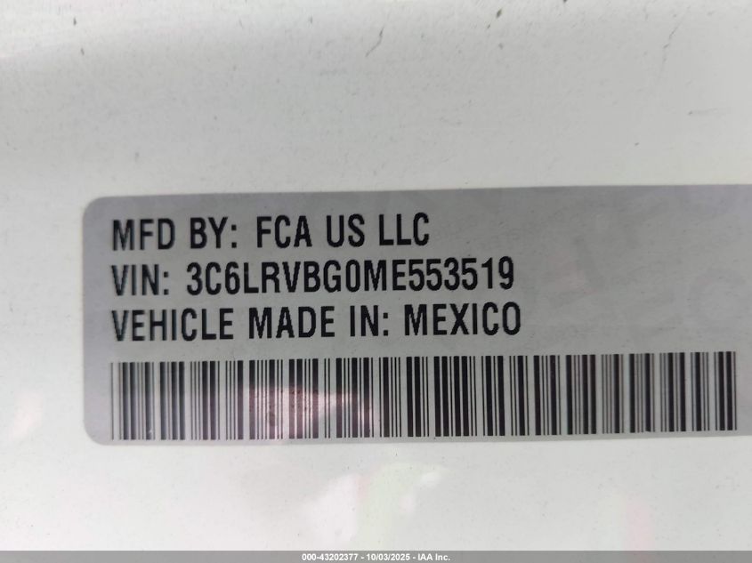2021 Ram Promaster 1500 High Roof 136 Wb VIN: 3C6LRVBG0ME553519 Lot: 43202377