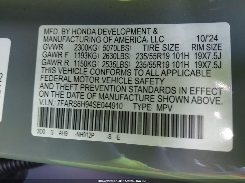 2025 Honda Cr-V Hybrid Sport Touring VIN: 7FARS6H94SE044910 Lot: 43202397