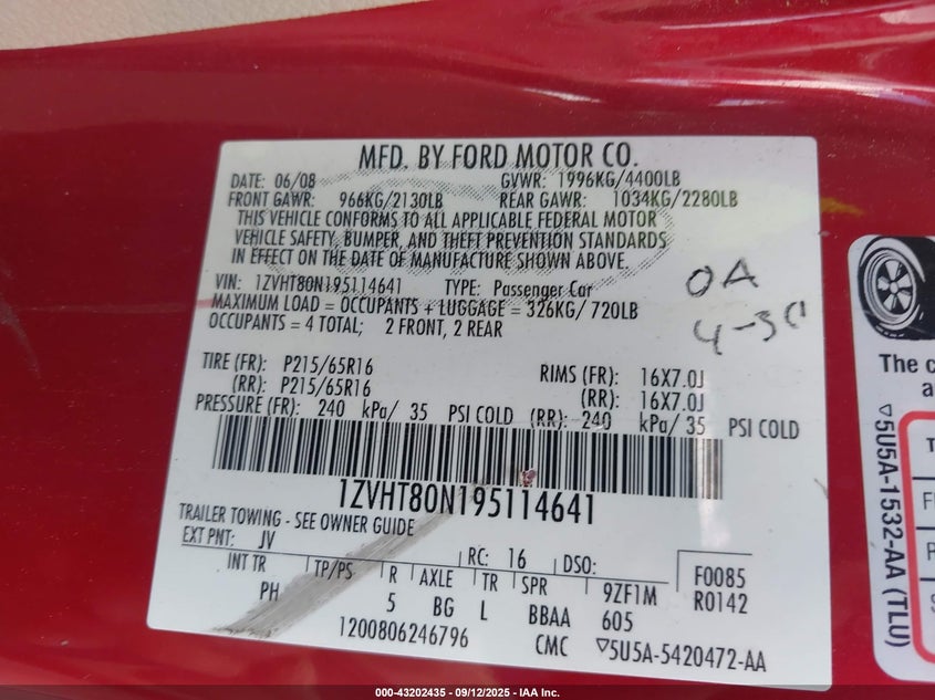 2009 Ford Mustang V6 VIN: 1ZVHT80N195114641 Lot: 43202435