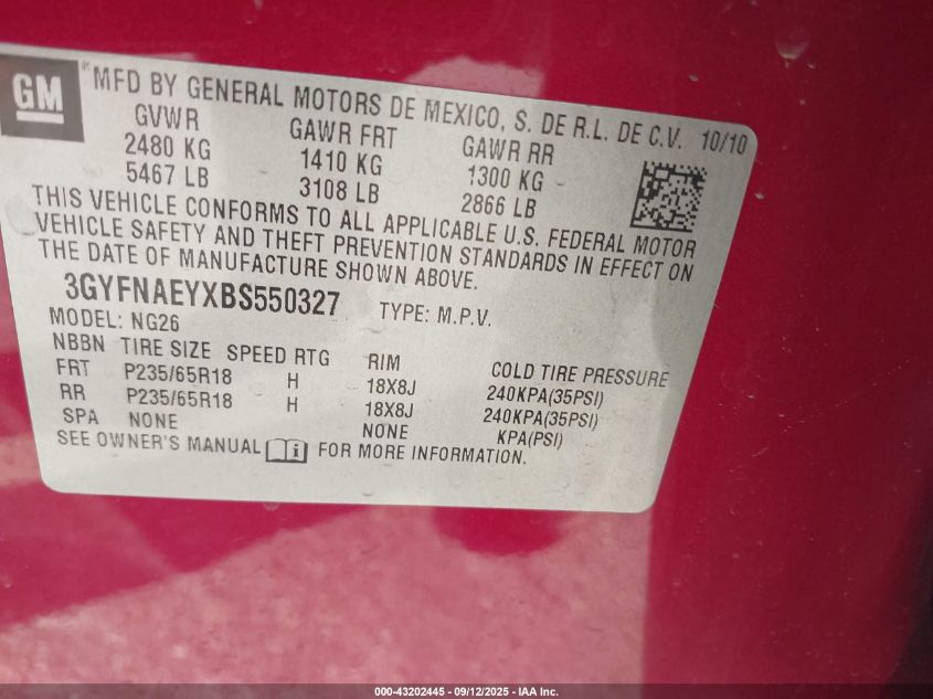 2011 Cadillac Srx Luxury Collection VIN: 3GYFNAEYXBS550327 Lot: 43202445