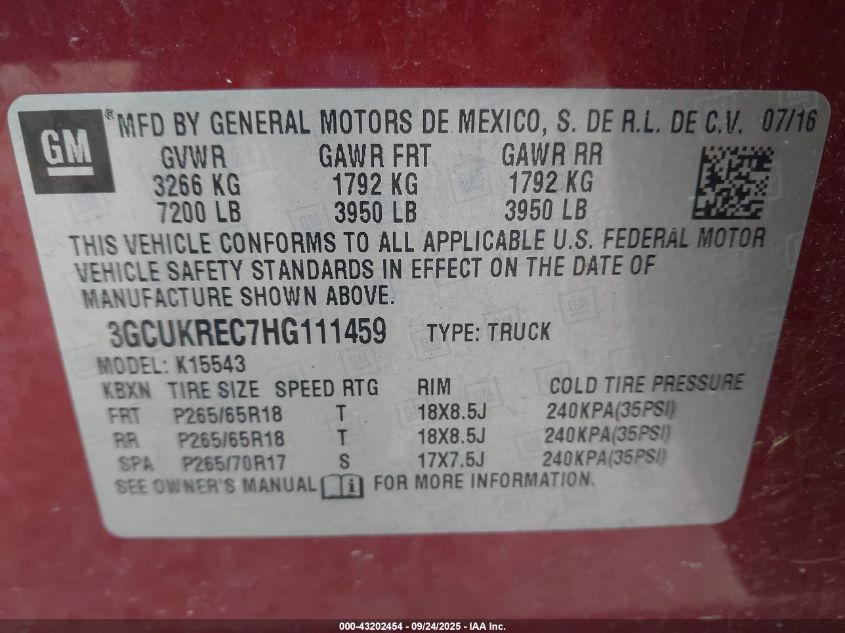 2017 Chevrolet Silverado 1500 2Lt VIN: 3GCUKREC7HG111459 Lot: 43202454