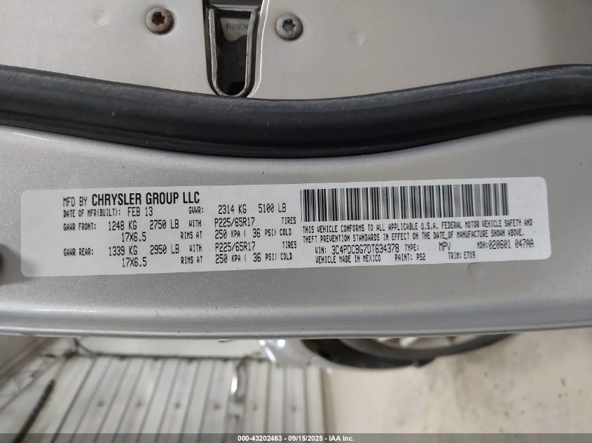 2013 Dodge Journey Sxt VIN: 3C4PDCBG7DT634378 Lot: 43202463