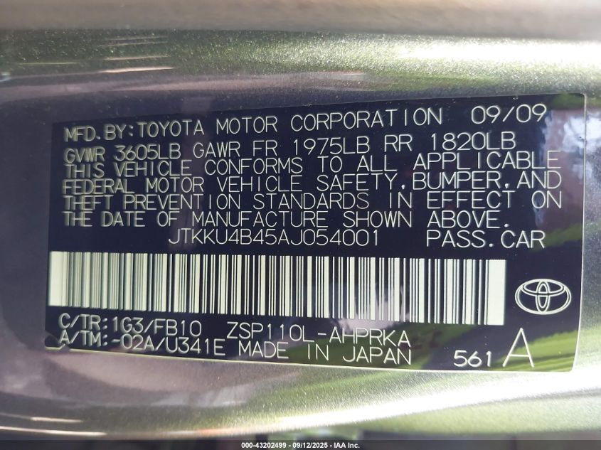 2010 Scion Xd VIN: JTKKU4B45AJ054001 Lot: 43202499