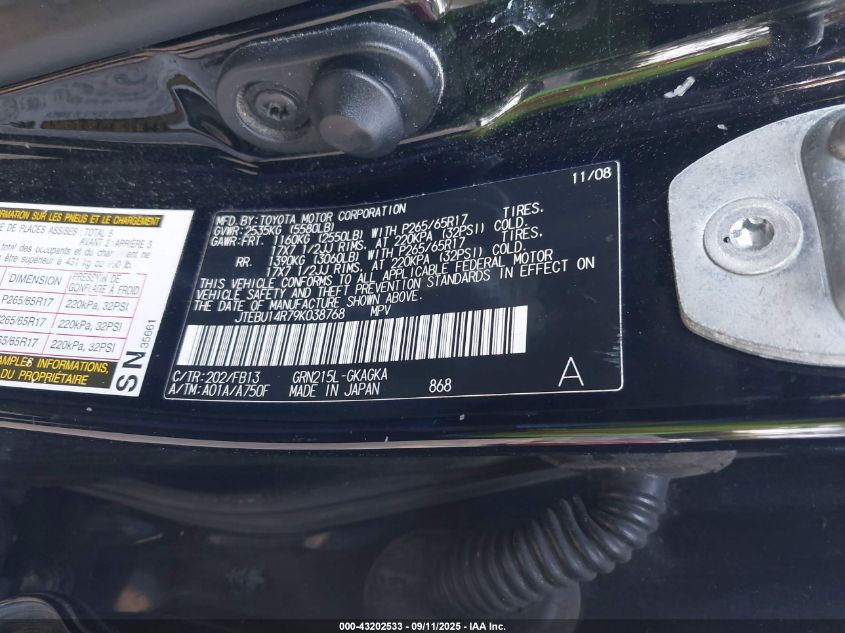 2009 Toyota 4Runner Sport V6 VIN: JTEBU14R79K038768 Lot: 43202533