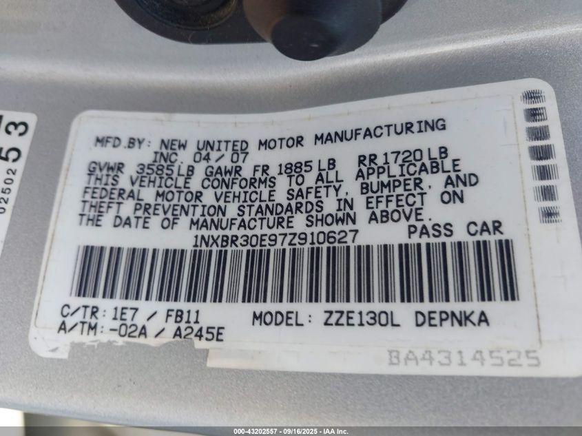 2007 Toyota Corolla Le VIN: 1NXBR30E97Z910627 Lot: 43202557