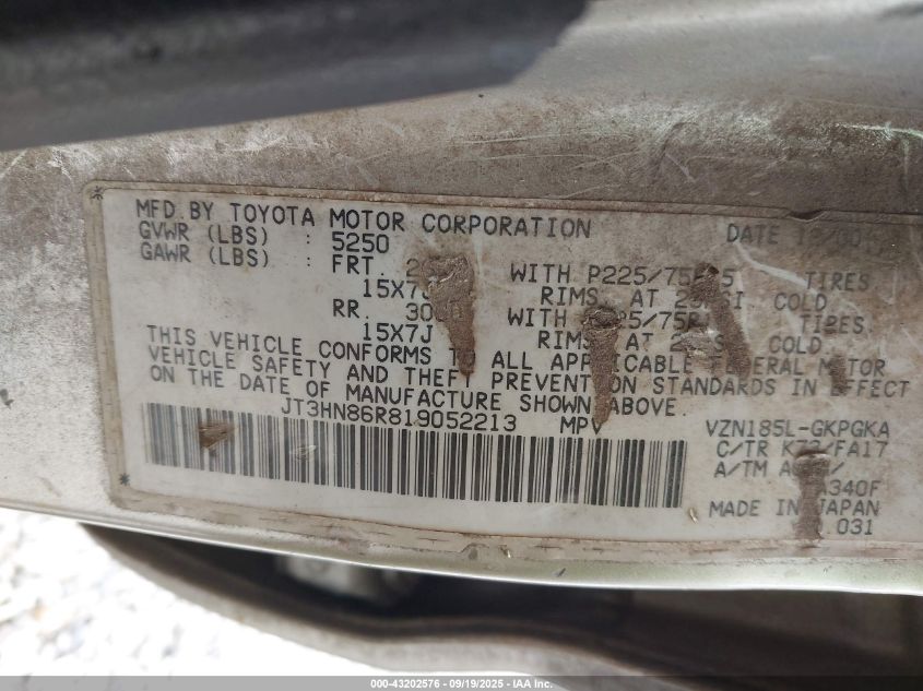 2001 Toyota 4Runner Sr5 V6 VIN: JT3HN86R819052213 Lot: 43202576